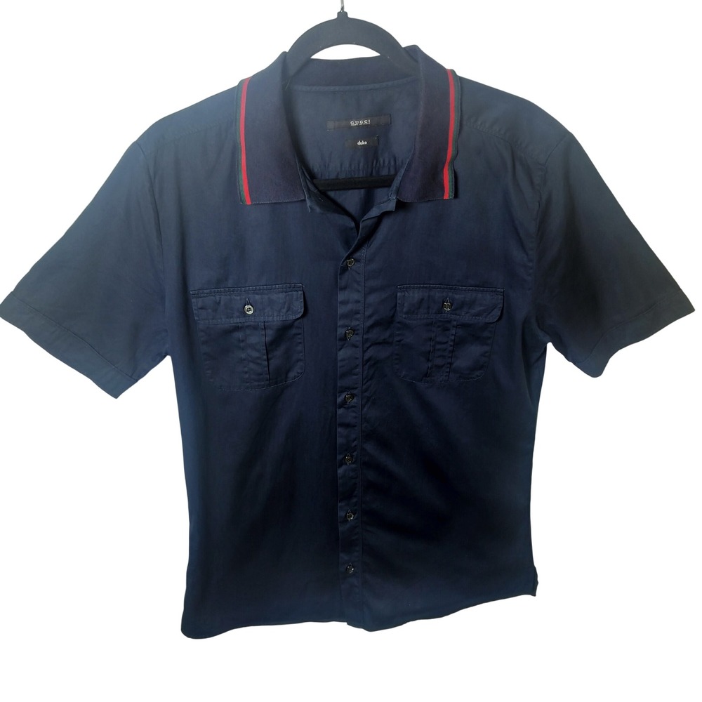 Gucci Duke Mens Navy Blue Web Stripe Collar Short Sleeve Button Down Shirt‎ 15.5